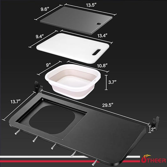 Utheer Upgraded Folding Front Shelf for Pit Boss Austin XL 1000 & Savannah 1500 Pellet Grills, 29.5" ร 13.7" Heavy-Duty BBQ Prep Table with Cutting Board, Foldable Basin, Lid & 5 Hooks, 60-LB Load