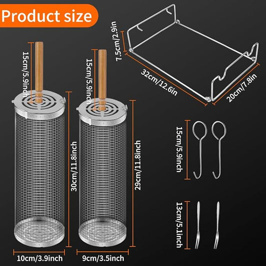 2PCS Rolling Grill Basket Grilling Accessories - Removable Wooden Handle, 304 Stainless Steel,Nesting Barbecue Tools,Smoker BBQ Accessories for Vagetable,Outdoor Cooking Camping,Picnic,Dinner Party,Gifts for Men Dad and Husband