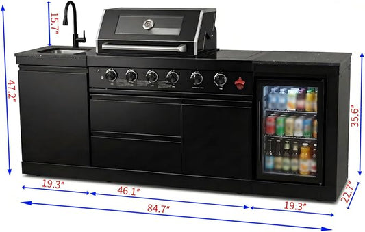 85 Inch Outdoor Kitchen Island, 4-Burner 72000 BTU Propane Gas Outdoor Kitchen Bar Barbecue Island Grill with Side/Rear Burners, With Refrigerator and Sink, Rotisserie, Granite Countertops, Storage