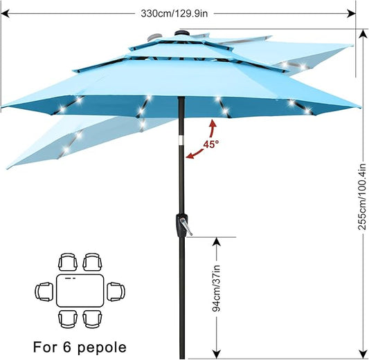 ABCCANOPY 3-Tiers 11FT Solar Patio Umbrella, Outdoor Umbrella with 32 LED Lights for for Deck, Pool, Garden, Backyard (Turquoise)