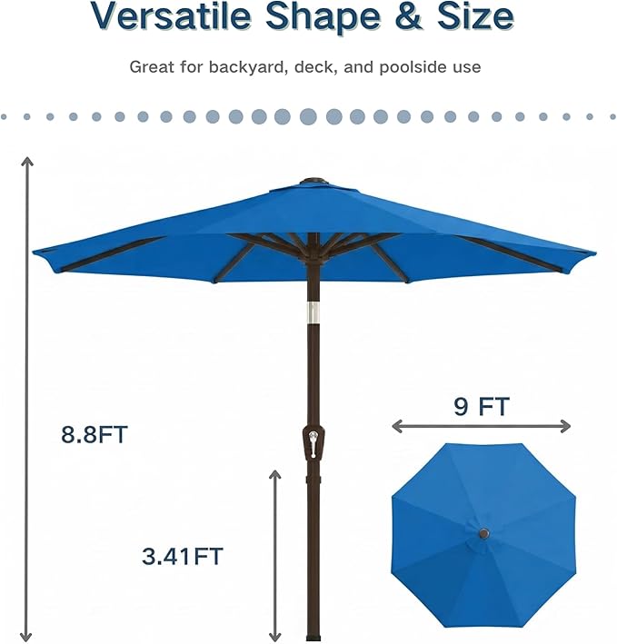 PatioKingdom 9FT Patio Outdoor Umbrella-UPF 50+ Sun Shade with Wind Vent, Push-Button Tilt & Smooth Crank Lift, Rust-Resistant Fiberglass Frame for Garden, Backyard,Yard (Royal Blue)