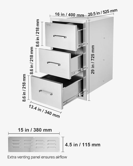 VEVOR Outdoor Kitchen Drawers 16" W x 28.5" H x 20.5" D, Flush Mount Triple Access BBQ Drawers with Stainless Steel Handle, BBQ Island Drawers for Outdoor Kitchens or BBQ Island Patio Grill Station