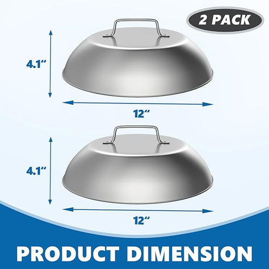 SafBbcue 2 Sets Flat top Grill Accessories 12" Cheese Melting Dome Basting Cover for Blackstone, Pitboss, Camp Chef Steamer Pizza Oven/Wok Cover, Food Metal Dome Cover for Grill Cooking Accessories