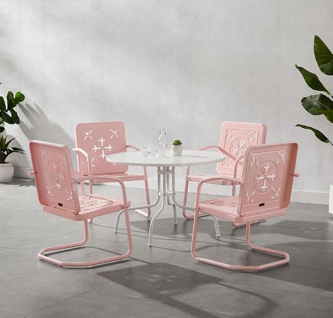Crosley Furniture Azalea 5-Piece Vintage Outdoor Dining Set for 4, Retro Metal Round Patio Table and Chairs, Pastel Pink Gloss/White Satin