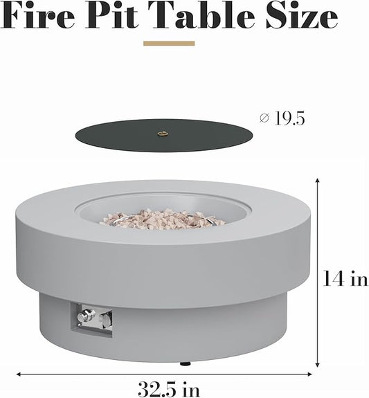 32.5 Inch Propane Fire Pit Table, 50,000 BTU Round Patio Fire Pit Table Outdoor, CSA Certified, Stainless Burner with Steel Lid, Waterproof Cover & Lava Rocks, for Garden Backyard, Gray