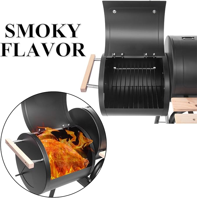BBQ Grill Charcoal Offset Smoker with Wheel & Storage Shelf & Thermometer,High Temperature Spray Paint 500-600 Degrees,Oil Barrel Charcoal Furnace,Outdoor for Camping,Black