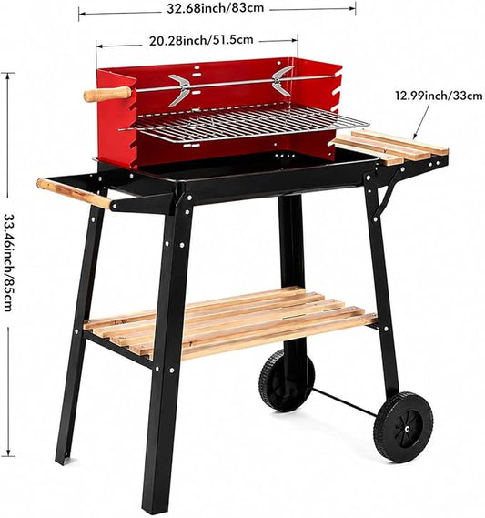 Portable Outdoor BBQ Grill, Red & Black Charcoal Barbecue with Adjustable Height, Side Table & Storage Shelf, Wheels for Backyard, Patio, Camping, Family Outdoor Cooking
