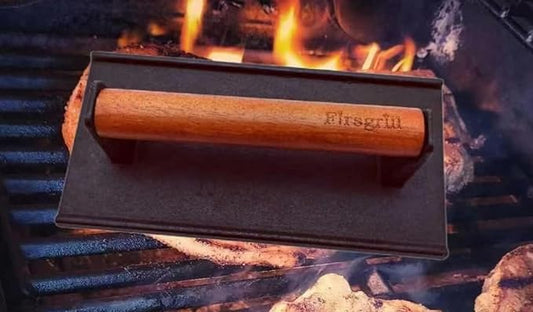 Firsgrill Burger Press 7.08" Round & 8.3โX4.3โRectangle Heavy-Duty Cast Iron Smash Meat Steak with Wood Handle for Blackstone Camp Chef Pitboss Weber Treager Griddle (Round & Rectangle w Flat Bottom)
