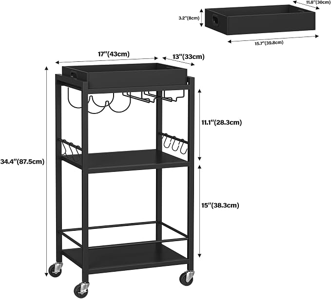 TUTOTAK Bar Cart with Wheels, Mini Drink Cart with Wine Rack & Glass Holder | 3-Tier 17 Inch Wide Home Bar Serving Carts, Small Mobile Kitchen Shelf with 6 Hooks, Black BC01BK036