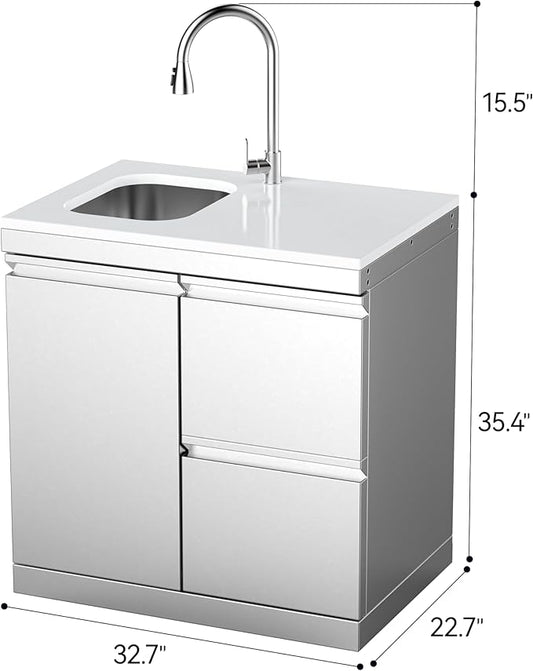 Stainless Steel Sink and Drawer Combo Cabinet, White Quartz Countertop, Single Door with 2 Soft-Close Drawers, Hidden Handle, Pull-Down Faucet, Modular BBQ Island - White