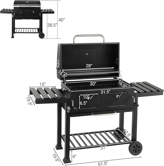 Extra-Large Charcoal Grill with Foldable Side Tables & Adjustable Heat Zones, Portable Outdoor BBQ Grill for Backyard, Camping, Picnics, 30 Burger Capacity