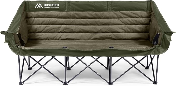 Huskfirm 3 Person Camping Chairs Folding Double Camp Chair for Adults Green | Oversized Loveseat Camping Chair Padded Heavy Duty Camping Couch for Outdoor Lawn with Two Cup Holders and Carry Bag