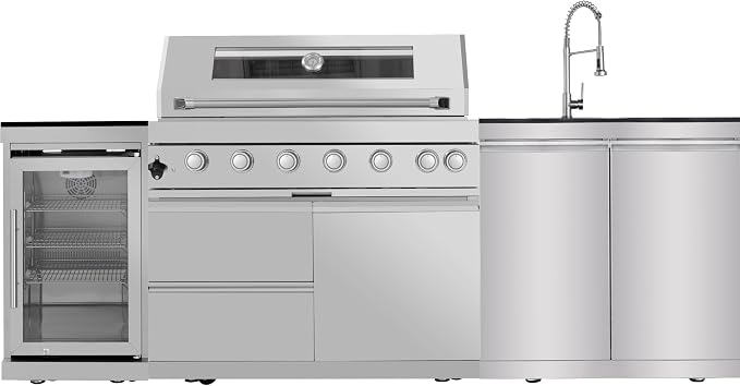 Modular Outdoor Kitchen BBQ Island, Outdoor Kitchen Propane Gas Island Grill with Sink, Compact Refrigerator, Storage Cabinets, Rotisserie Kit (Silver, 96")