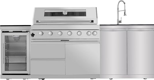 GOWE 43-Inch 6-Burner 85000 BTU Deluxe Stainless Steel Gas Outdoor Kitchen Bar Barbecue Island Grill + Wine Cooler Compact Refrigerator + Rotisserie + Granite Countertops + Storage Cabinets & Drawers