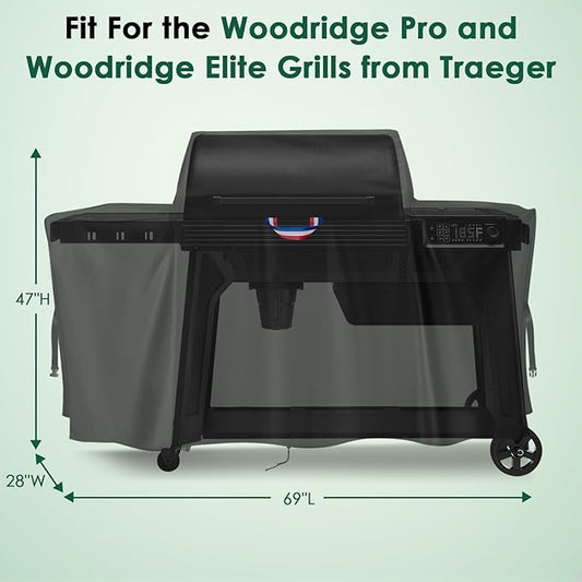 Grill Cover for Traeger Woodridge Pro/Elite Grills, Outdoor Waterproof BBQ Smoker Cover with Top Handles & Adjustable Straps, Pellet Grill Heavy Duty Accessory- 69x28x47 in, Black