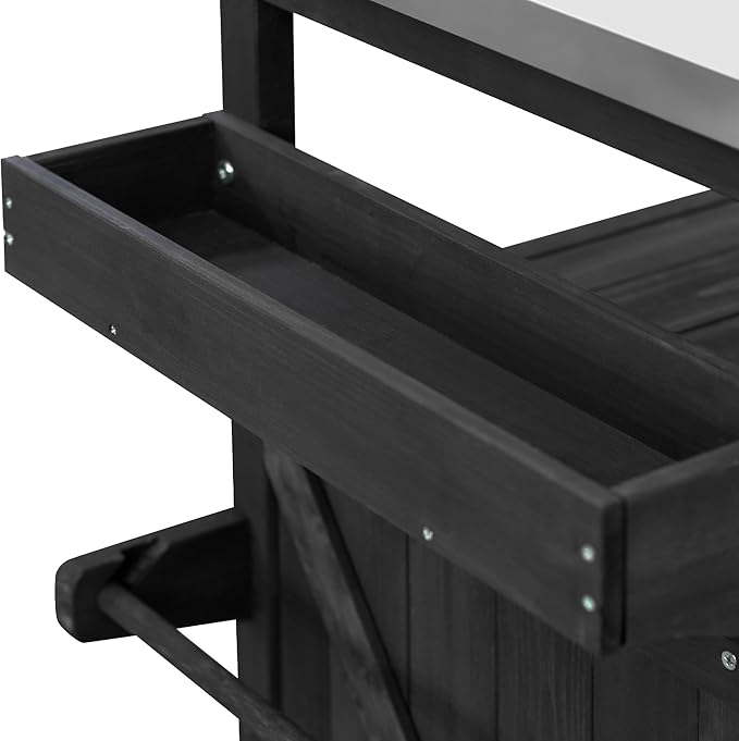 Merax 50" Outdoor Kitchen Grill Cart Island on Wheels with Stainless Steel Top,Farmhouse Style Solid Wood Frame Storage Cabinet for Party