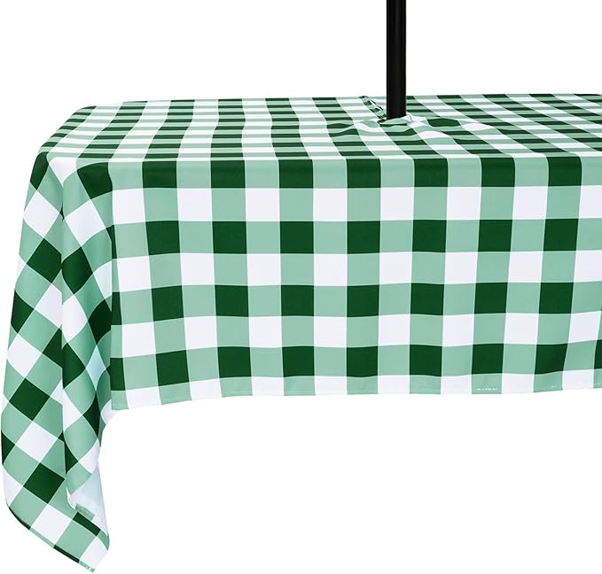 Poise3EHome Rectangle Outdoor Tablecloth with Umbrella Hole and Zipper,Green and White Gingham 104x60 Inch,SpillProof Washable Table Cloth for Spring Summer Patio Garden Poolside Picnic Camping BBQS
