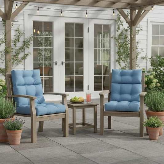 Outdoor Tufted High-Back Chair Cushions, One-Piece Hinged Seat and Back Design, Reversible with 4 Ties, Durable Polyester Fabric, Recycled Fiber Fill - Set of 2, Denim