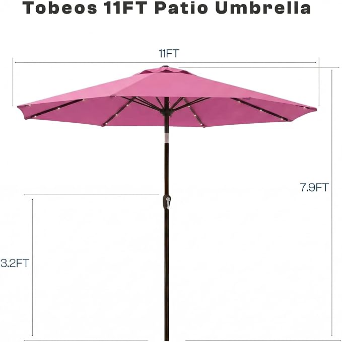 11FT Solar Lighted Patio Umbrella, Outdoor Table Market Umbrellas with Crank Lift, 32 LED Lights, 8 Sturdy Ribs, UV-Resistant for Deck, Garden, Pool