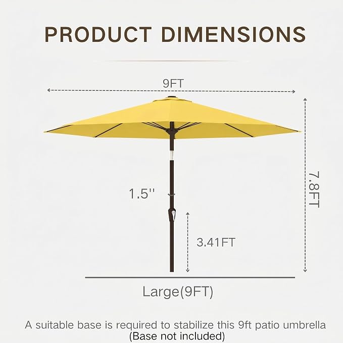 Kingdura 9FT Outdoor Patio Umbrella, Round Market Table Umbrella with Push‑Button Tilt and Crank Lift, 8 Sturdy Metal Ribs, UV50+ Protection Canopy for Backyard, Lawn, Deck, Poolside, Garden (Yellow)