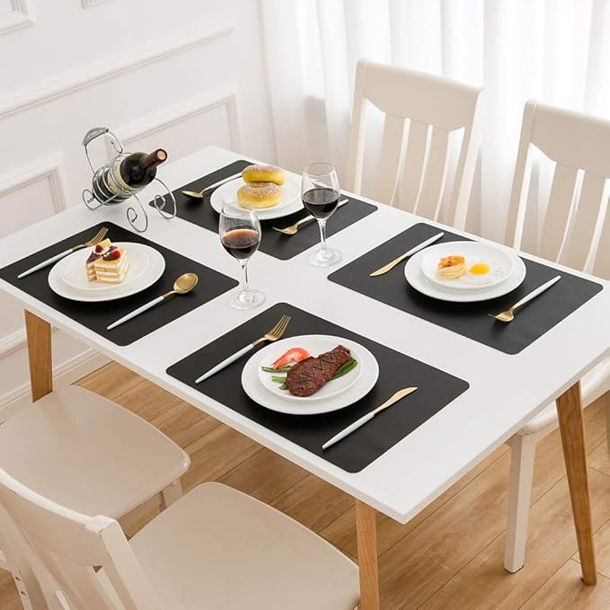 DOLOPL Black Placemats Set of 12-17"x11.8", Faux Leather Heat Resistant Table Placemat for Dining Table Protection, Waterproof Wipeable & Washable Kitchen Table Mats for Dining,Party,BBQ,Holiday