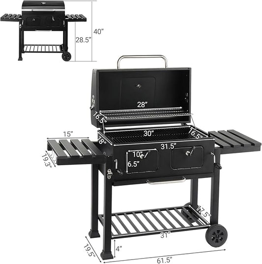 Charcoal Grill, Heavy Duty Cooking Grill with 2 Foldable Side Tables, 8 Hooks, Storage Shelf, 2 Wheels, Flame Control, Outdoor BBQ Grill for Picnic Party Camping Backyard Patio Fit 30 Burgers at Once