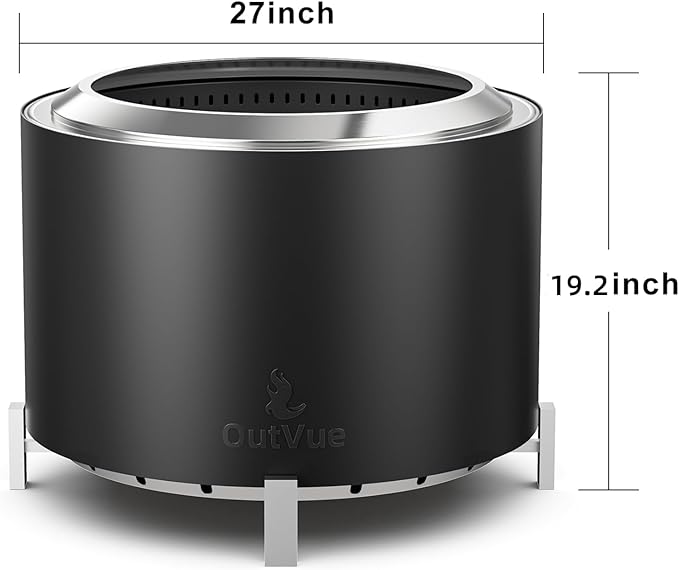 OutVue 27 inch Stainless Steel Smokeless Fire Pit, Outdoor Smokeless Firepit, Wood Burning Fire Pits for Camping, Bonfire, Low Smoke Firepit for Outside (Vertical Hole)