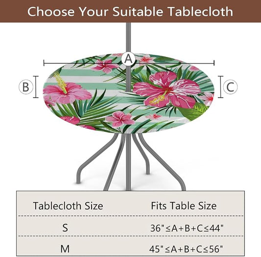 AUUXVA Round Outdoor Tablecloth with Umbrella Hole - Waterproof Patio Table Cover with Zipper Elastic Table Cloth Fits 36"-44" Tables for Party Cafe Garden Decor(Palm Leaf Flowers)