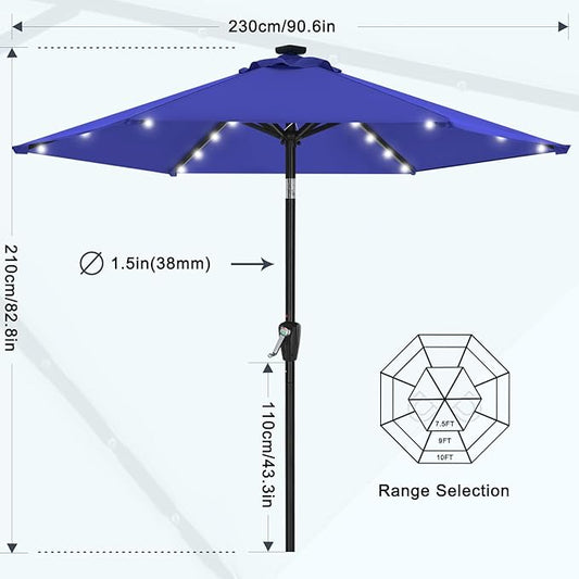 MASTERCANOPY 7.5FT 6Ribs Patio Umbrella with 32 Solar LED Lights, Outdoor Market Umbrella with Tilt & Crank, UV Protection & Fade Resistant Fabric, Easy Set-Up for Garden, Deck, Pool (Blue)
