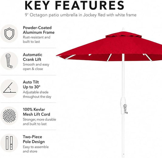 Treasure Garden 9ft Patio Umbrella - Outdoor Furniture Market Umbrella – Deluxe Auto-Tilt – White Aluminum Frame (Sunbrella, Jockey Red)
