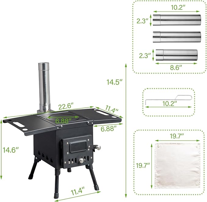 Wood Burning Camping Stove, Portable Cast Iron BBQ Grill Outdoor Cooking with Chimney Pipe, Black Wood Stove for Outdoor Cooking, Camping, Heating, Bonfire & Picnic