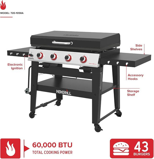 Nexgrill Daytona 4-Burner Propane Gas Griddle with Side Tables, 60000 BTU Flat Top Grill, 756 SQ In. Hot-Rolled Steel Cooking Space, Outdoor Cooking Barbeque, Black/Silver - 720-1058A