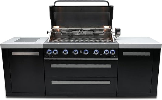 Mont Alpi Premium 94"W x 23"D Black Stainless Steel Modular Outdoor Kitchen Island with Infrared Side Burner + 44"W 6-Burner BBQ Gas Grill + White Granite Countertops + Storage Cabinets & Drawers