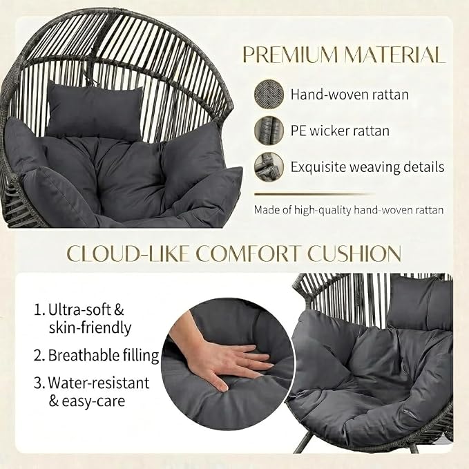 Shintenchi Oversized Outdoor Wicker Egg Chair Set of 2, Patio Lounge Chair Basket Seat with Thick Cushion, All Weather Indoor Outdoor Porch Rockers for Balcony, Living Room, Lawn Garden