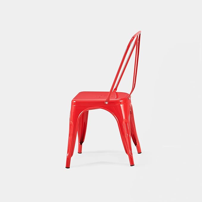 AC Pacific 18 Inch Seat Height Industrial Metal Dining Chairs, Stackable Kitchen or Bar Seat, Durable Modern Design, Versatile Accent Furniture, Set of 4, Red