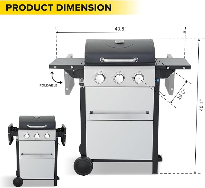 3 Burner Propane Gas Grill, 30,000 BTU Stainless Steel Outdoor BBQ Grill with 322 Sq. In. Cooking Area & 2 Foldable Side Shelves, Patio Cookout Essentials for Backyard