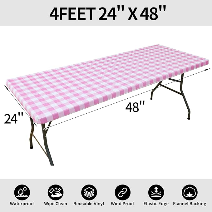 Smiry Rectangle Picnic Table Cloth, Elastic Waterproof Fitted Vinyl Tablecloths, Flannel Backed Buffalo Plaid Table Covers for Dining, Camping, Valentines(White and Pink, 24" x 48")