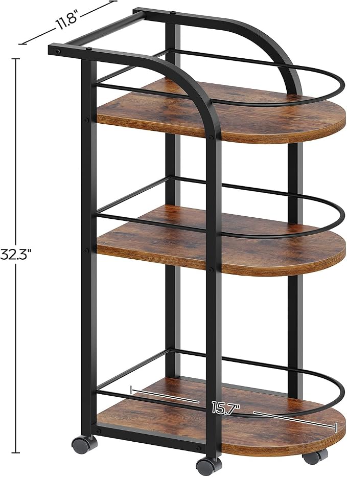 3-Tier Bar Cart, Home Bar Serving Cart with Fence and Wheels, for Dining Room, Living Room, Garden, Party, Rustic Brown and Black BC06BR