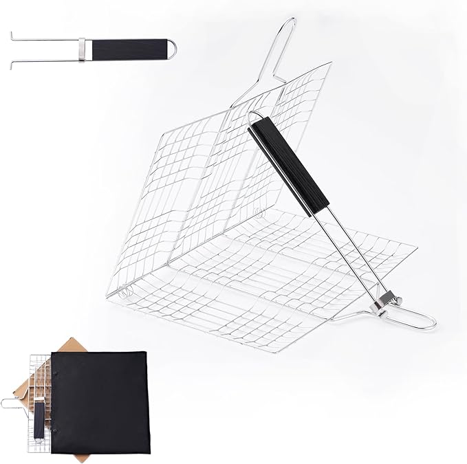 Grill Basket for Veggies, Fish Grill Basket, Folding Portable Stainless Steel BBQ Grilling Baskets for Outdoor Grill (Stainless Steel)