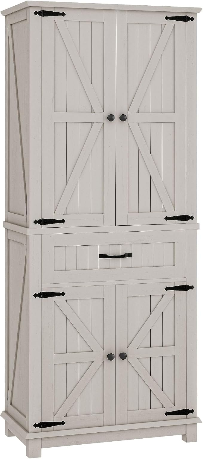 DWVO 72" Tall Farmhouse Pantry Cabinet, Kitchen Storage Pantry with Barn Doors & Drawer, Versatile Organizer with Adjustable Shelves, Rustic Cupboard for Dining Room, Living Room, White Oak | Tall Farmhouse Kitchen Pantry Cabinet, Kitchen Cupboard Vers...