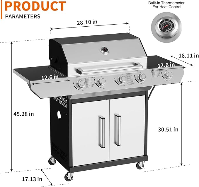 SKOK Led 4-Burner Gas BBQ Grill with Side Burner Led Knob, Barbecue Grill with Porcelain-Enameled Cast Iron Grates, 60,000 BTU Stainless Steel Propane Grill 629 Sq. In. Grilling Area