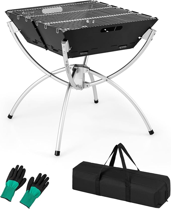 Giantex Folding Campfire Grill, Camping Grill with Stainless Steel Grates, Collapsible Aluminum Legs, Carry Bag, Portable Firewood Barbecue Grill for Backpacking Road Trips Outdoor Cooking