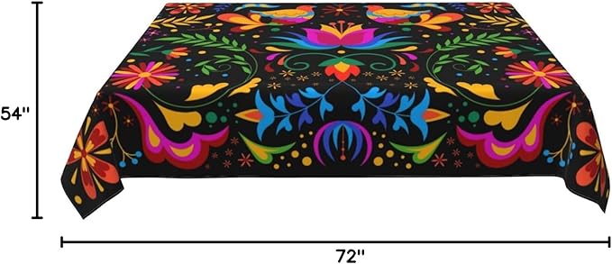 Mexican Floral Table Cloth, Waterproof Mexican Flower Tablecloth for Kitchen Dining Room, Picnic Party, Weddings, Outdoor Indoor 54x72 in Rectangle Black Table Cover
