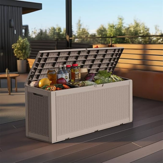 120 Gallon Waterproof Large Resin Deck Box, Lockable Storage Container for Patio Cushions, Garden Tools, Indoor & Outdoor (Brown)