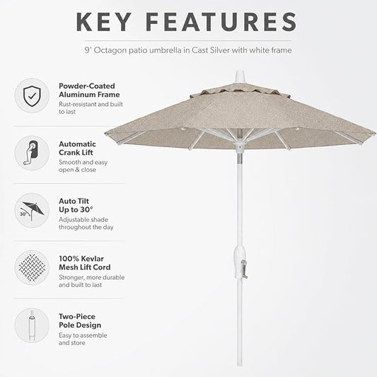 Treasure Garden 9ft Patio Umbrella - Outdoor Furniture Market Umbrella โ Deluxe Auto-Tilt โ White Aluminum Frame (Sunbrella, Cast Silver)