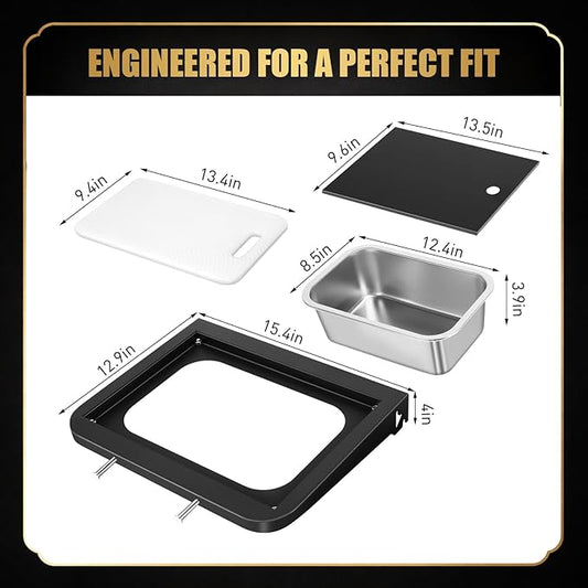 QuliMetal Grill Side Table for Weber Searwood 600 and 600XL, Foldable BBQ Prep Shelf with Cutting Board, Stainless Steel Basin, Lid and 2 Hooks, Side Shelf Grill Accessory