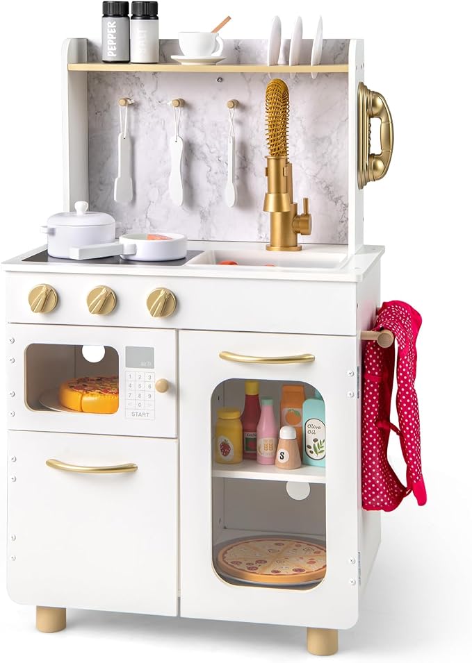 INFANS Kids Kitchen Playset, Toddler Wooden Pretend Cooking Set with Telephone Stove Microwave Storage Cabinet, Play Kitchen Toy Set with Toy Food Cookware Accessories for Children Boys Girls