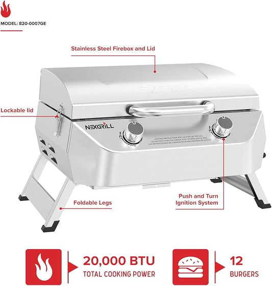 Nexgrill Stainless Steel 2-Burner Portable Gas Grill with Locking Lid, Folding Legs, 20,000 BTUs, 251 SQ In Cooking Space, Tabletop Grill for Camping, Outdoor Cooking, Patios, and More - 820-0007GE