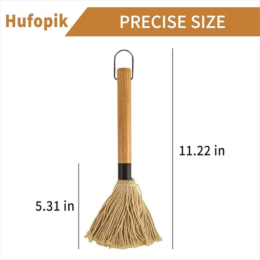 11.2 Inch BBQ Mop Brushes for Sauce, Grill Basting Mop Wooden Long Handle BBQ Mop with 1 Extra Replacement Heads for BBQ Grilling Smoking Steak