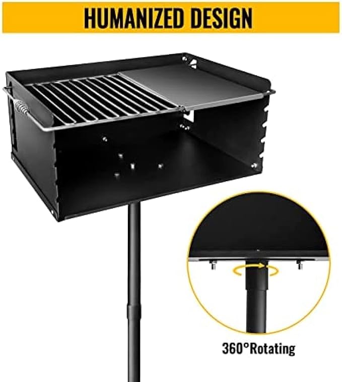 Park Style Charcoal Grill With Grate, Single Post Carbon Steel 50 Inch Height Pole, Heavy Duty Outdoor Park Grill For BBQ, Camping, Backyard,25x17 Inch With Plate